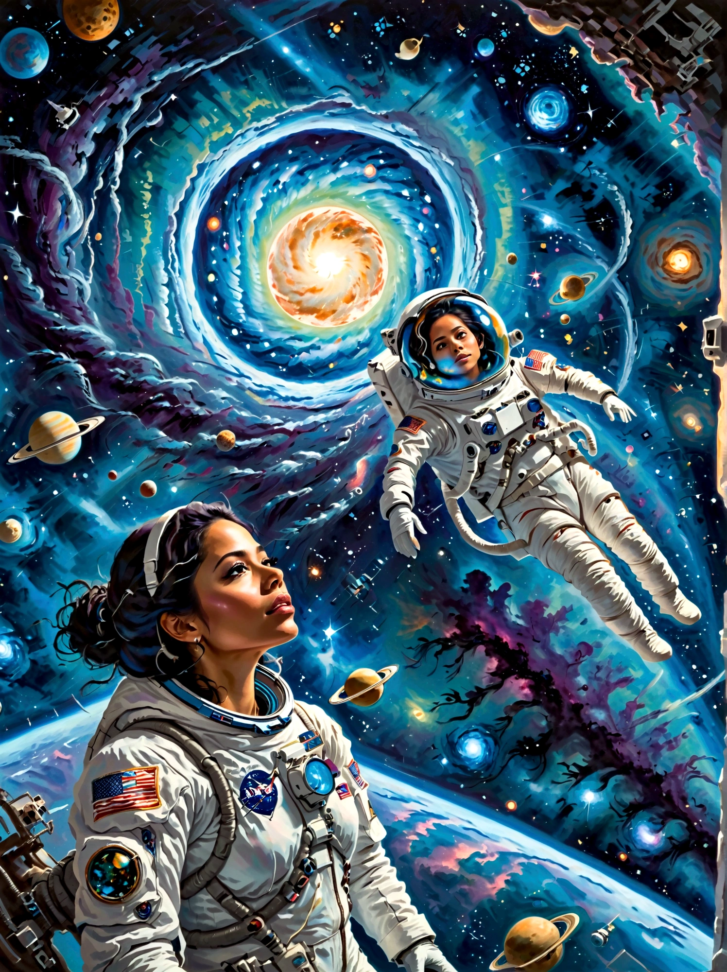 Visualize a scenario in the vast expanse of space. In the foreground, there's a Hispanic female astronaut, completely suited up in a detailed spacesuit, elegantly floating in zero gravity. She's gazing at an alien creature, who's also hovering nearby. The alien is fascinating with multiple appendages, shiny azure skin, large eyes that shimmer in the starlight, and emits a soft bioluminescent glow. The backdrop is filled with millions of stars, the dark void of space, and a giant swirling galaxy. Both beings, despite their differences, seem to communicate in peaceful harmony.