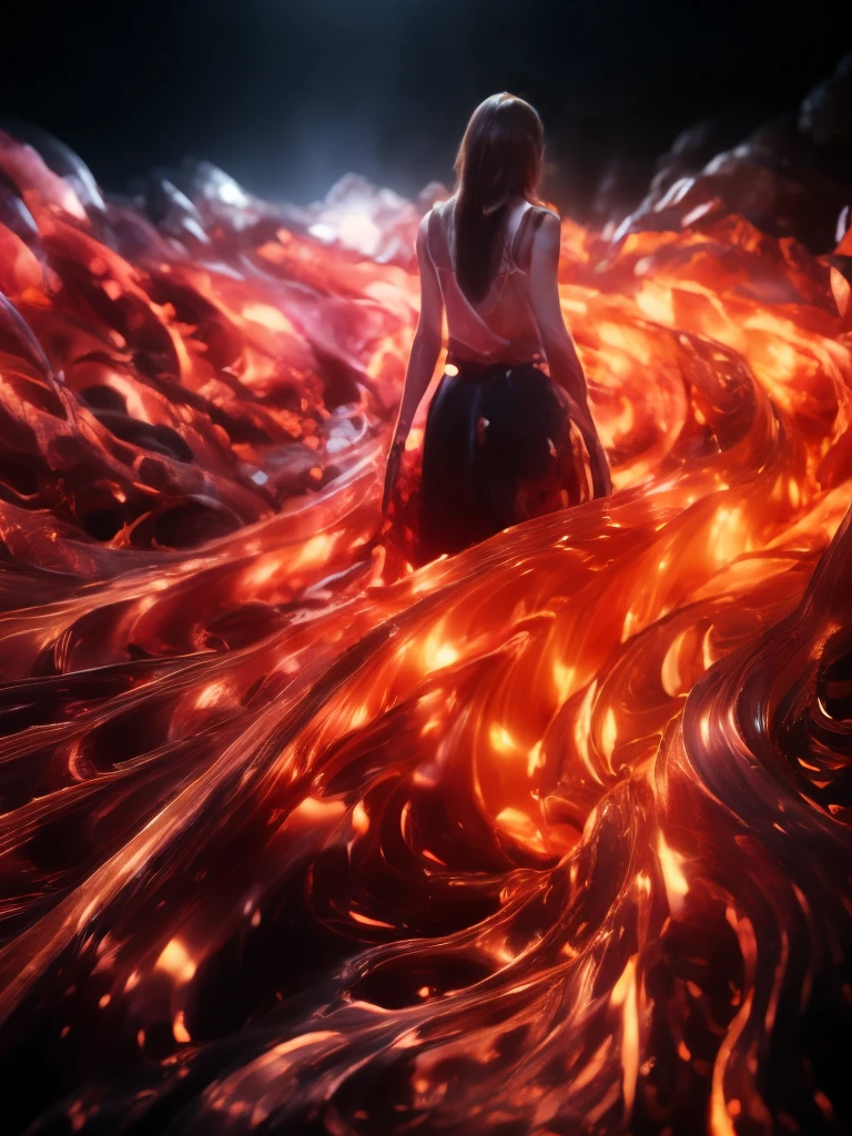 1 villan girl,angry,20yo,eyes on fire,hair on fire,realistic style with fantasy elements,high-definition,shiny skin,Surrealism,lava,hood,burning hair,wings landing,an overlong torn skirt,(absolute_territory:1.5), sky is covered with burning embers,glowingdust, bokeh, 