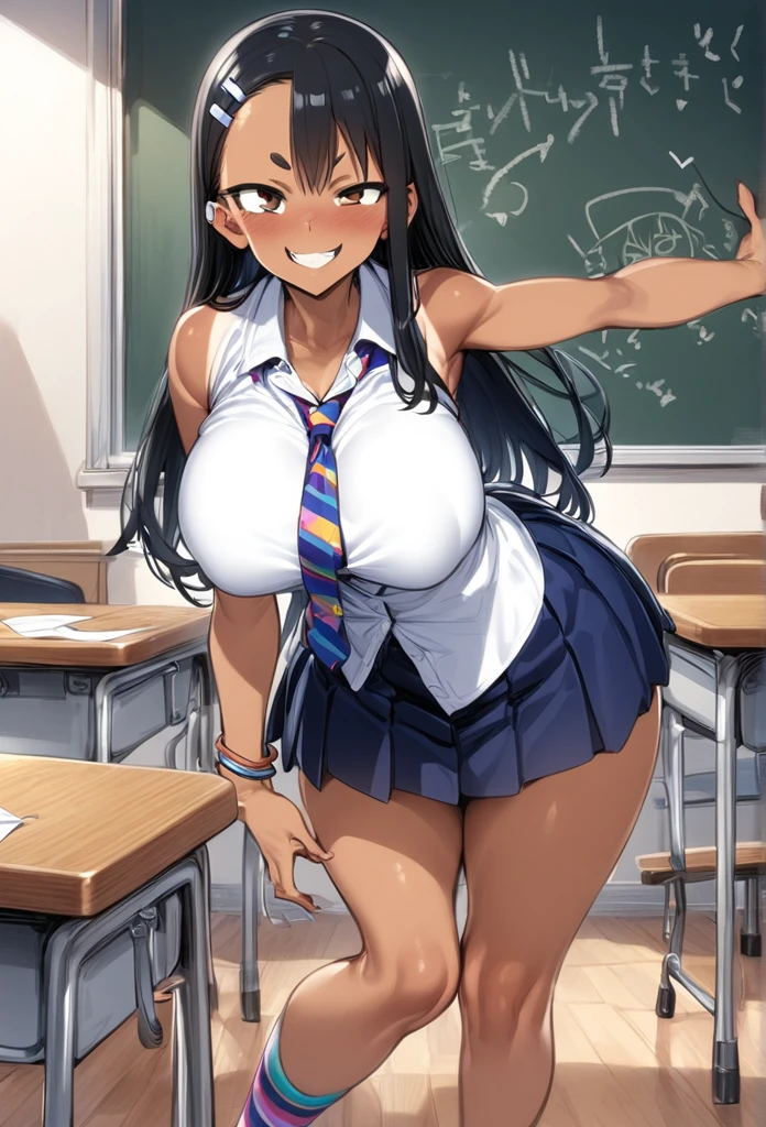 Enormous massive gigantic big large fat breasts  girl:nagatoro_hayase enormous breasts futanari, brown eyes, black hair, long hair, dark skin, dark-skinned female, tan, tanlines, hairclip, , white shirt, collared shirt, pleated skirt, enormous cock under the skirt ,A mischievous girl with a sly grin, standing in a school classroom. She has sharp, narrow eyes giving a teasing look, and her eyebrows are raised in a playful manner. She wears a  with a playful twist: a colorful tie, funky socks, and a few quirky accessories like bracelets and hair clips. , and she’s leaning slightly forward, one leg slightly ahead of the other, as if she’s about to make a witty remark. The classroom background includes desks, a blackboard with some doodles, and a few scattered papers on the floor. 