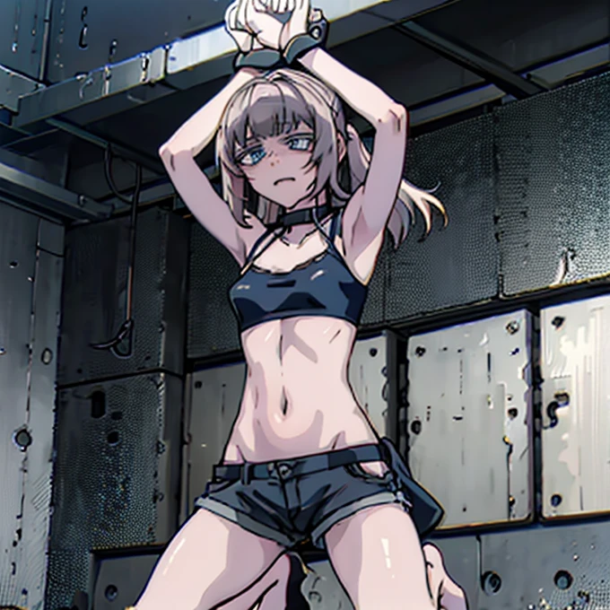 masterpiece, best quality, official art, extremely detailed CG unity 8k wallpaper, beautuful eyes, blue eyes, sign around neck tied_wrist, arms up, torn dress, Nanakusa Nazuna, dark blue crop top, dark blue shorts, metal collar, kneeling, stage, marke, girl at stage, auction, crowd looking, crowd of people,
