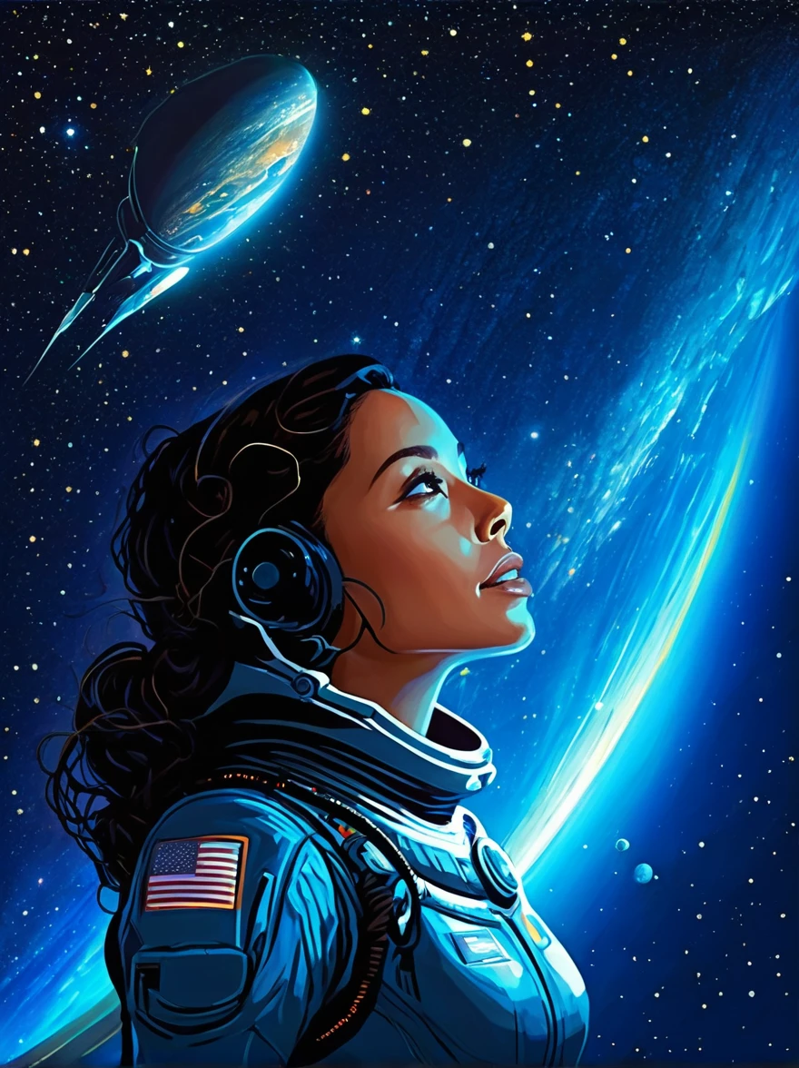 Visualize a scenario in the vast expanse of space. In the foreground, there's a Hispanic female astronaut, completely suited up in a detailed spacesuit, elegantly floating in zero gravity. She's gazing at an alien creature, who's also hovering nearby. The alien is fascinating with multiple appendages, shiny azure skin, large eyes that shimmer in the starlight, and emits a soft bioluminescent glow. The backdrop is filled with millions of stars, the dark void of space, and a giant swirling galaxy. Both beings, despite their differences, seem to communicate in peaceful harmony