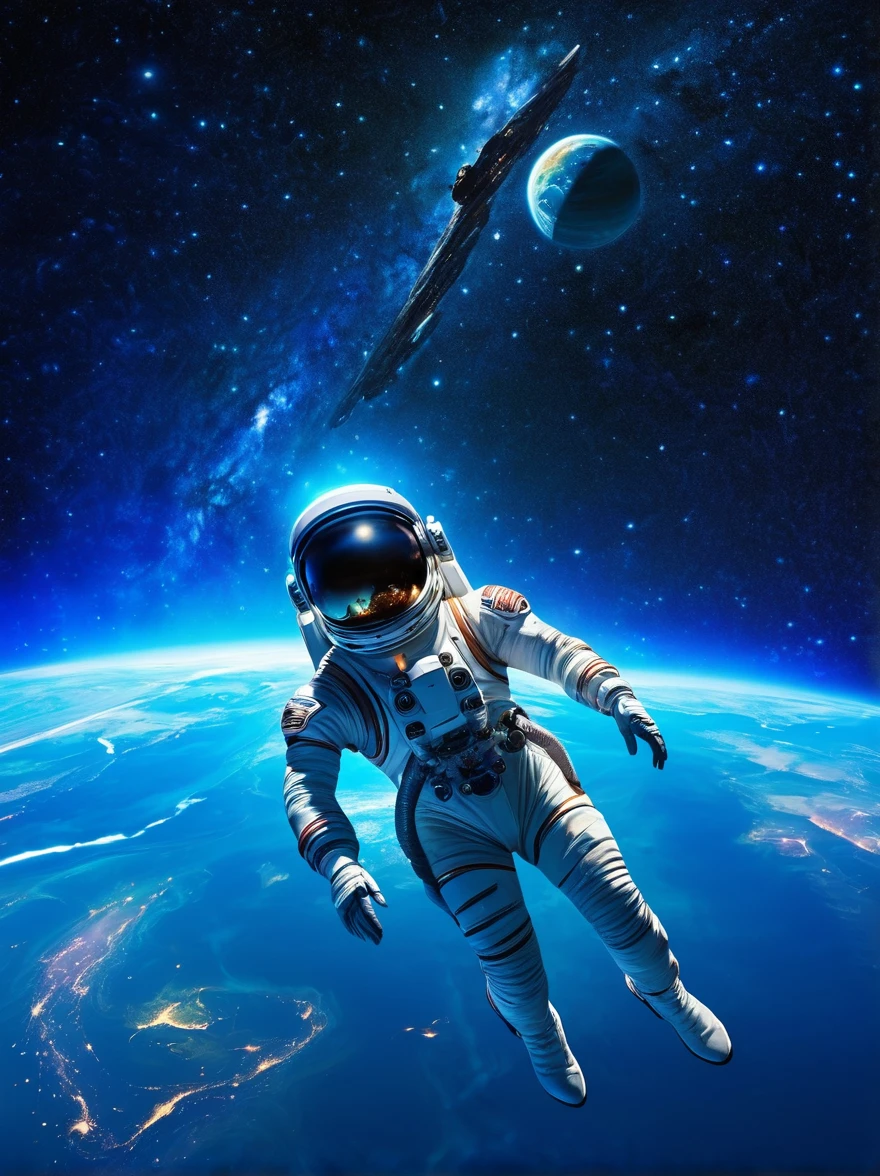 Visualize a scenario in the vast expanse of space. In the foreground, there's a Hispanic female astronaut, completely suited up in a detailed spacesuit, elegantly floating in zero gravity. She's gazing at an alien creature, who's also hovering nearby. The alien is fascinating with multiple appendages, shiny azure skin, large eyes that shimmer in the starlight, and emits a soft bioluminescent glow. The backdrop is filled with millions of stars, the dark void of space, and a giant swirling galaxy. Both beings, despite their differences, seem to communicate in peaceful harmony