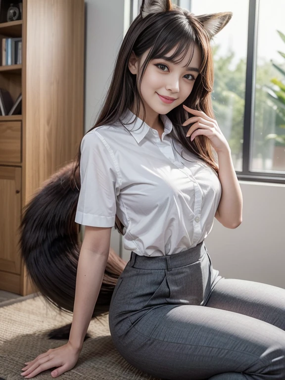 ((Highest quality, 32k)), ((masterpiece)), (Familiar), Perfect Face, Fox Girl, Pretty girl, Office Lady, indoor, Has one tail, She has a northern fox tail, She stretches out her fluffy tail, Beautiful hip line, Thick thighs, She is wearing business pants, I can see the tail on his butt, A large tail sticks out, On all fours, wagging his tail, She only has one tail, Smiling Kindly