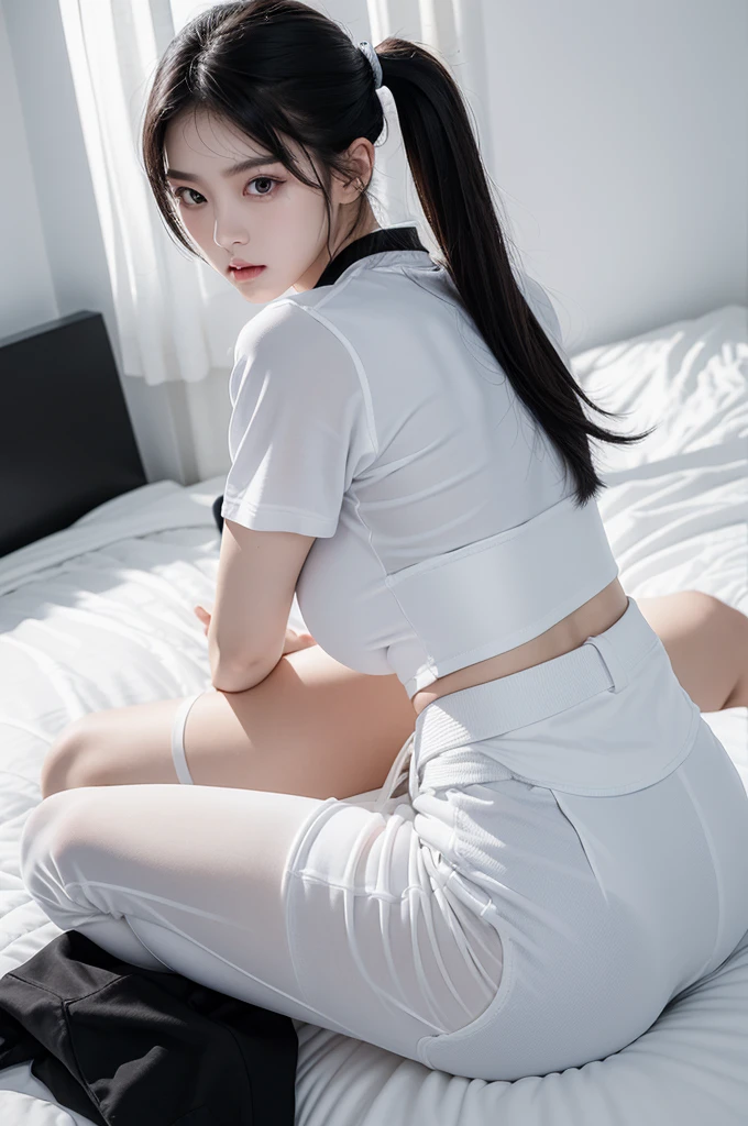 masterpiece, ultra details, best quality, 1 korean taekwondo girl, masterpiece, ultra details, best quality, black long straight hair, wearing sweaty white World Taekwondo Federation dobok uniform with black v-neck, wearing taekwondo blackbelt, wearing white martial arts pants without pockets, large sweaty butt, large breasts, laying on wet hotel bed showing butt, sweat on face