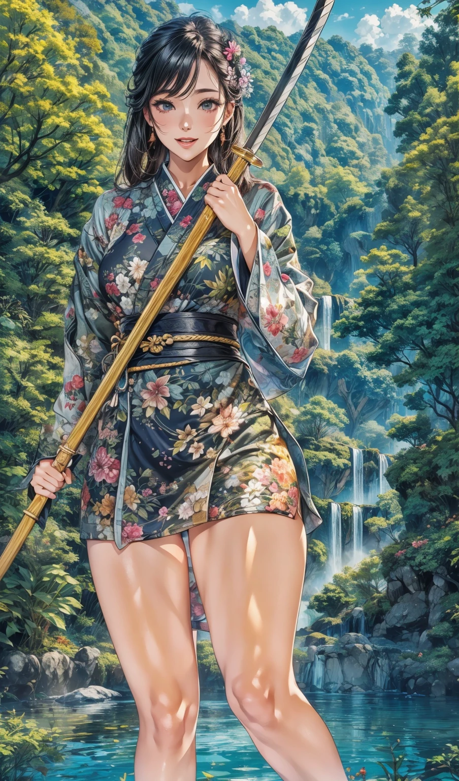 Holding a naginata、Bright green floral mini kimono、The gentle flow of the river、Summer blue sky and clouds、Thighs are bare、Stand with your knees apart、Across the river there is a forest and a waterfall、A big smile、Beautiful 30 year old woman、Dark Eyes、Trees on both sides of the river々Overgrown、The river is wide