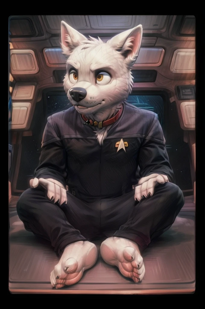 (((Barefoot furry character, full body, cinematic setting, furry male, plantigrade))) 

(((Bolt))) (anthro dog with white fur, very cute and young looking face, big black snout), exudes confidence and authority as he sits in the captain's chair, and his Star Trek DS9 uniform with the Starfleet Delta badge on his chest is a perfect match for his muscular figure. Handsome clawed feet paws dominate the bridge of the star ship and its crew. (((black and grey ds9st uniform with red collar))). Bridge of Star Trek starship with many screens and consoles as background, futuristic look, metalic. anatomically correct, Long black pants, black shirt with gray shoulders, red collar.

BREAK, intricate details, highly detailed, extreme detail, octane render, fine art, best quality, highres, (detailed face:1.5), ((full_body)), UHD, (((perfect hands))), low light