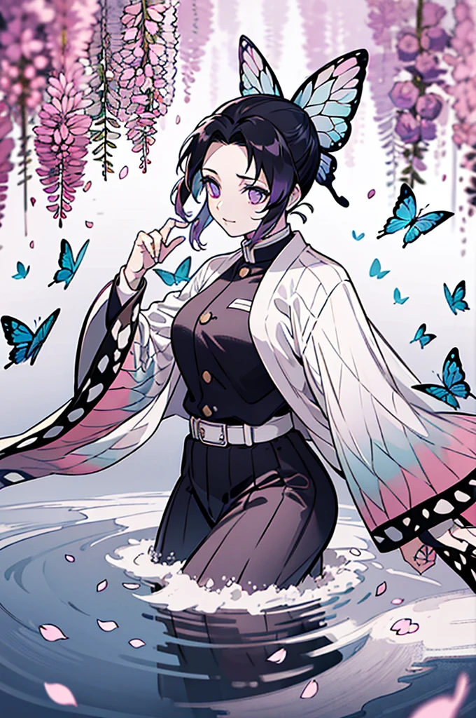 A highly detailed and high-resolution masterpiece by Shinobu Kocho, The beautiful and terrifying dynamic action of the Demon Slayer Corps. Her voyeur had some butterflies., Highlights the exquisite detail of her butterfly-themed outfit and the fierce expression on her face. Set the scene at dusk, A calm lake with cherry blossom petals in the background. Utilizing rich colors and three-dimensional light、Expressing mysterious beauty and strength。.