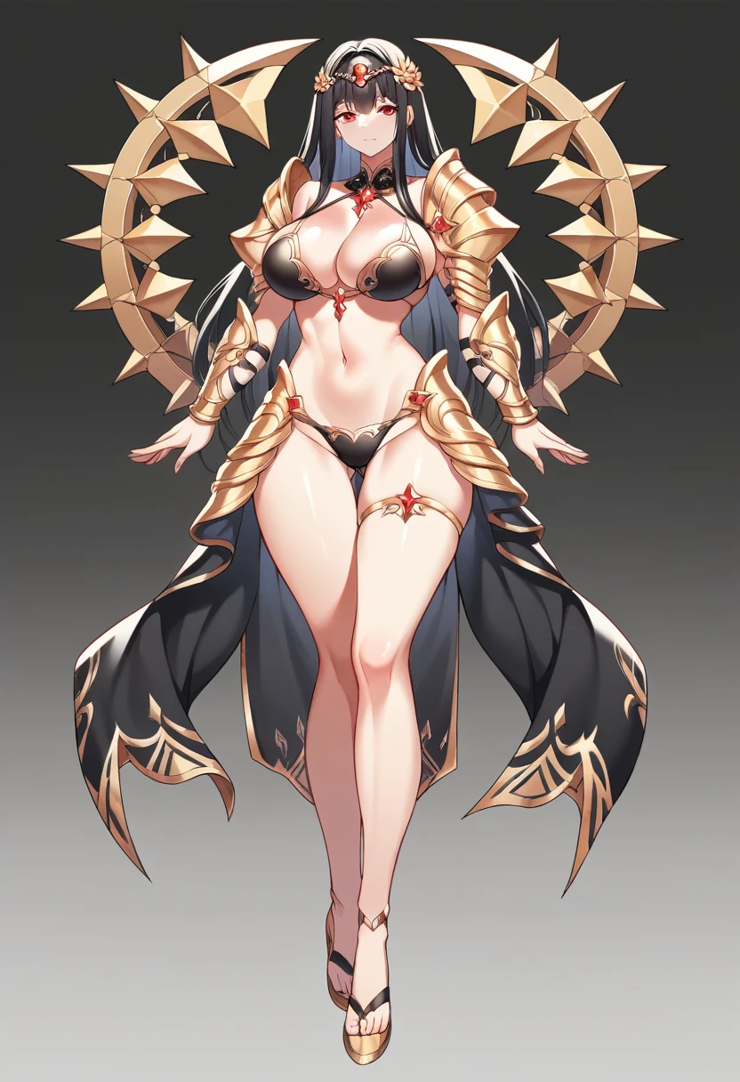 divine beautiful girl, long black hair, red eyes, large breasts, slightly voluptous, black bikini armor, full body, model pose, from center, perfect anatomy, 2d hand drawn painting, masterpiece, no background, black background, she is holding boy with her both legs, between thighs, 
leg lock