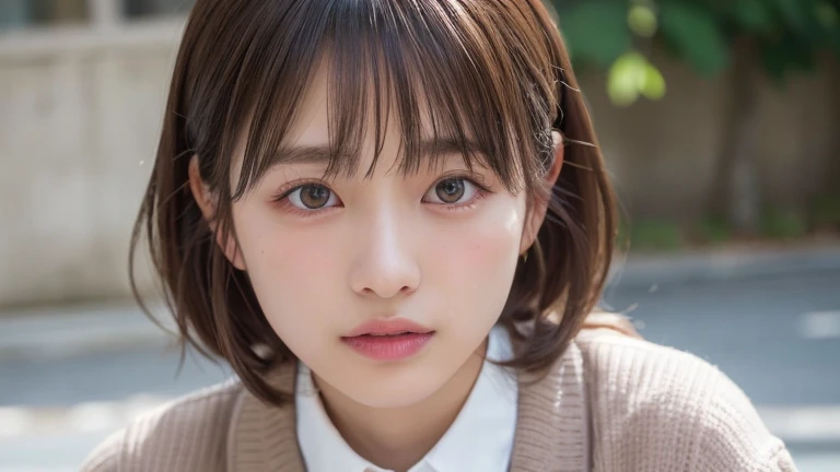 (Long Hair, bangs:1.2),(Wear a cardigan over a collared shirt:1.2),1 girl,Japanese,21 years old,(Small breasts:1.3),(Highest quality,masterpiece:1.3,超A high resolution,),(Ultra-detailed,Caustics),(Photorealistic:1.4,RAW shooting,)Ultra-Realistic Capture,Very detailed,High resolution 16K human skin close-up。 Natural skin texture、,Pores、、It needs to be detailed enough to be easily identifiable。 Skin should be even-toned and healthy looking。 Use natural light and colour, Sad expression, Looking at the camera, Perfect dynamic composition, Outdoor