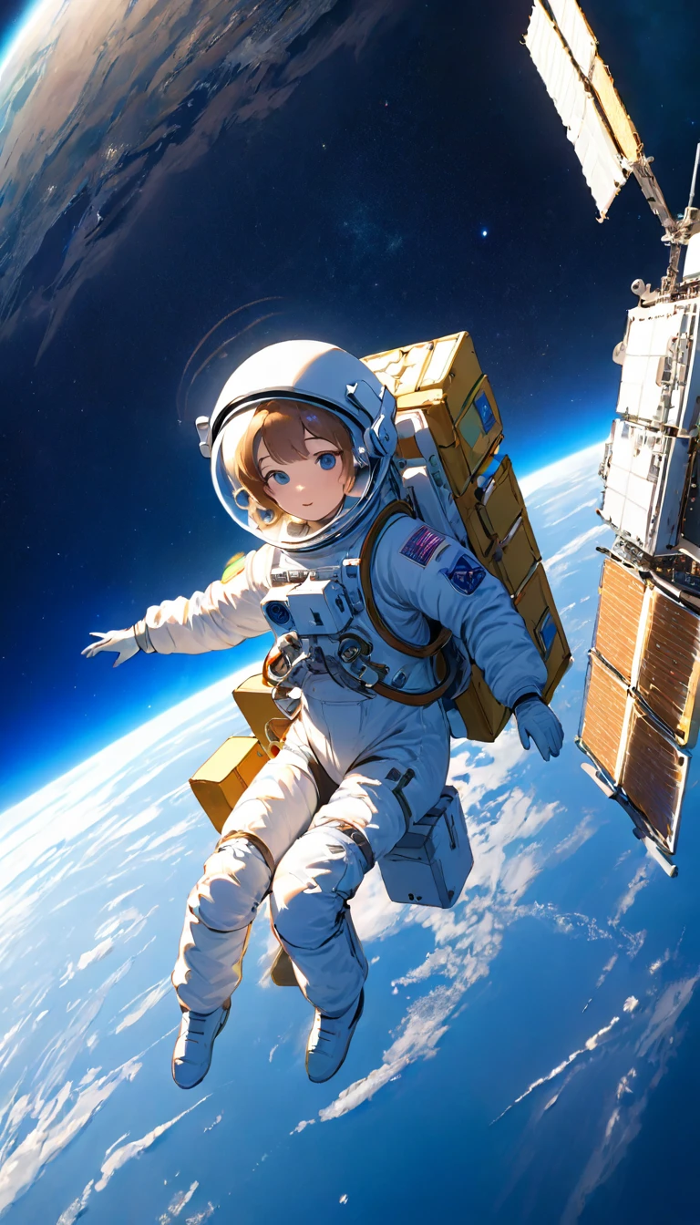 Highest quality、masterpiece、High resolution、RAW Photos、BREAK、Perfect Anatomy、One Girl、Skin-tight astronaut suits、２０talent、Zero Gravity Swimming、Space Station、Experimental building、Complex Instrumentation、Detailed depiction、近未来のSpace Station、BREAK、Earth seen from the window、Beautiful Earth、Blue Earth、