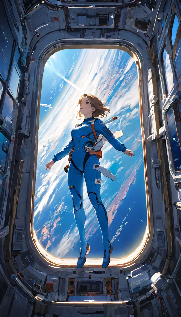 Highest quality、masterpiece、High resolution、RAW Photos、BREAK、Perfect Anatomy、One Girl、Skin-tight astronaut suits、２０talent、Zero Gravity Swimming、Space Station、Experimental building、Complex Instrumentation、Detailed depiction、近未来のSpace Station、BREAK、Earth seen from the window、Beautiful Earth、Blue Earth、