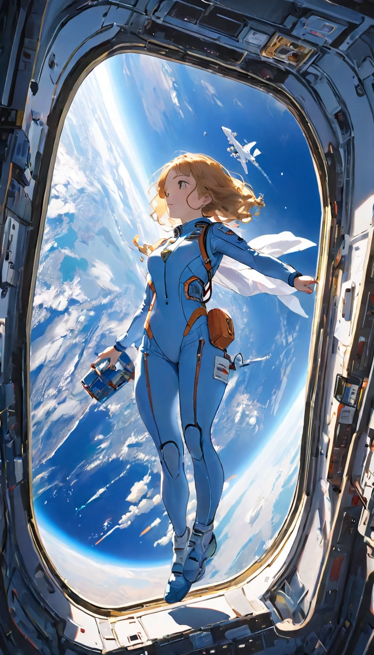 Highest quality、masterpiece、High resolution、RAW Photos、BREAK、Perfect Anatomy、One Girl、Skin-tight astronaut suits、２０talent、Zero Gravity Swimming、Space Station、Experimental building、Complex Instrumentation、Detailed depiction、近未来のSpace Station、BREAK、Earth seen from the window、Beautiful Earth、Blue Earth、