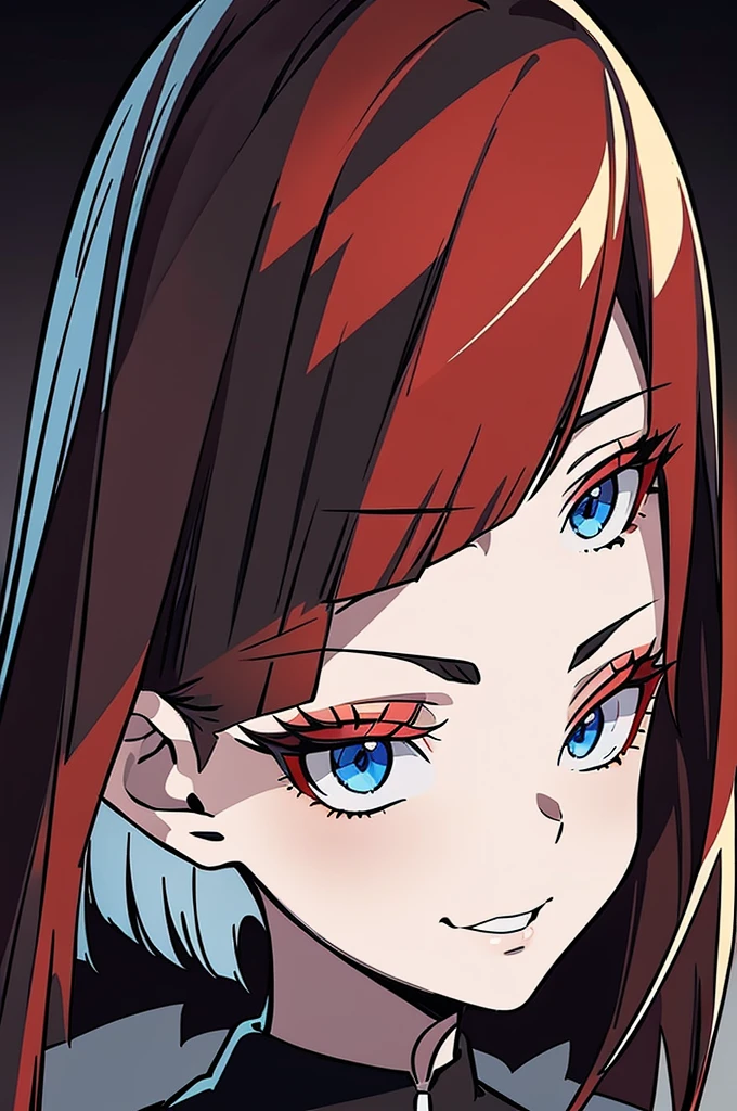 a beautiful girl with long red hair wearing a black dress, detailed facial features, bob haircut, full body illustration, woman wearing a long black and red coat, solo character, white background, anime style, highly detailed, photorealistic, 8k, best quality, masterpiece, blue eyes, short hair