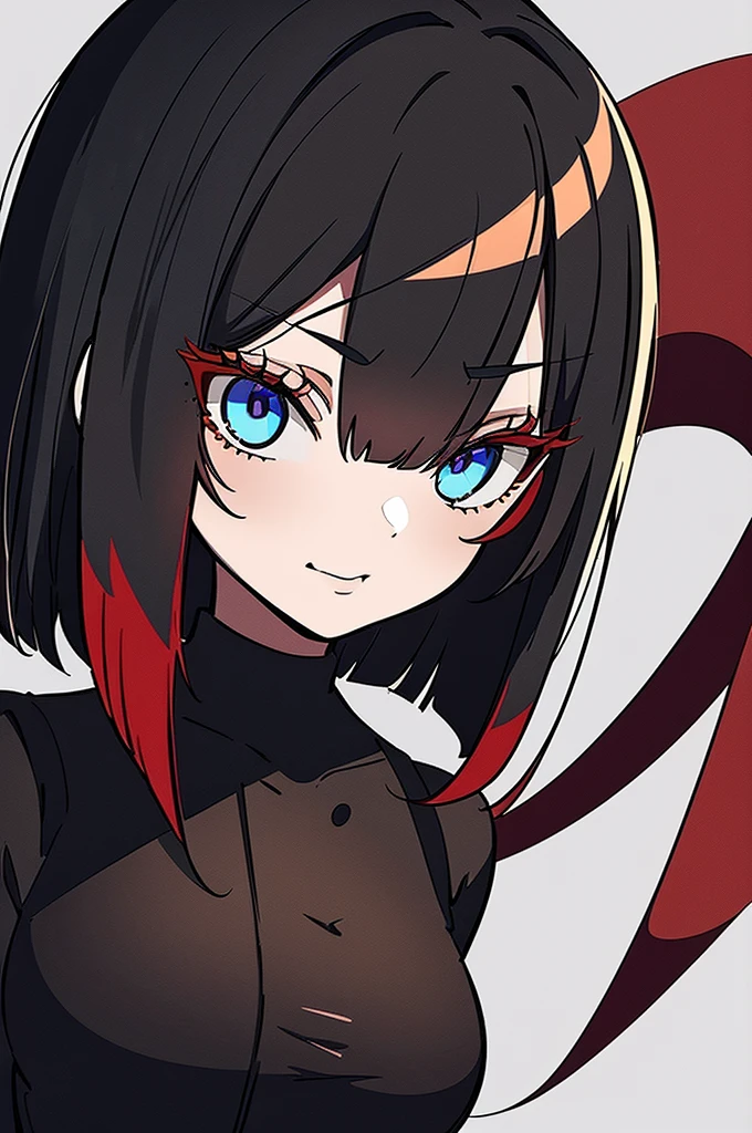 a beautiful girl with long red hair wearing a black dress, detailed facial features, bob haircut, full body illustration, woman wearing a long black and red coat, solo character, white background, anime style, highly detailed, photorealistic, 8k, best quality, masterpiece, blue eyes, short hair