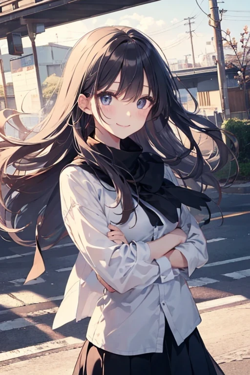 （Cute older sister:1.3）、Long eyelashes、smile,Spring atmosphere、evening、Aggressive、hot、((Strong winds))、Black Skirt、Shining Eyes、Dress shirt、company、Long black hair、Large Breasts