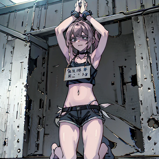 masterpiece, best quality, official art,  extremely detailed CG unity 8k wallpaper, theatre stage, stage, beautuful eyes, blue eyes,  sign around neck tied_wrist, arms up, torn dress, Nanakusa Nazuna, dark blue crop top, dark blue shorts, metal collar, kneeling, nervous, 