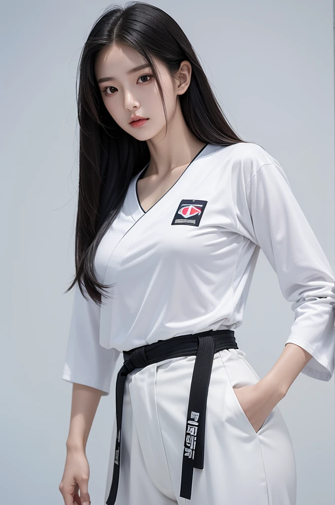 masterpiece, ultra details, best quality, 1 korean taekwondo girl, masterpiece, ultra details, best quality, black long straight hair, wearing sweaty white World Taekwondo Federation dobok uniform with black v-neck, wearing taekwondo blackbelt, wearing white martial arts pants without pockets, large sweaty butt, large breasts, laying on hotel bed showing butt, sweaty face