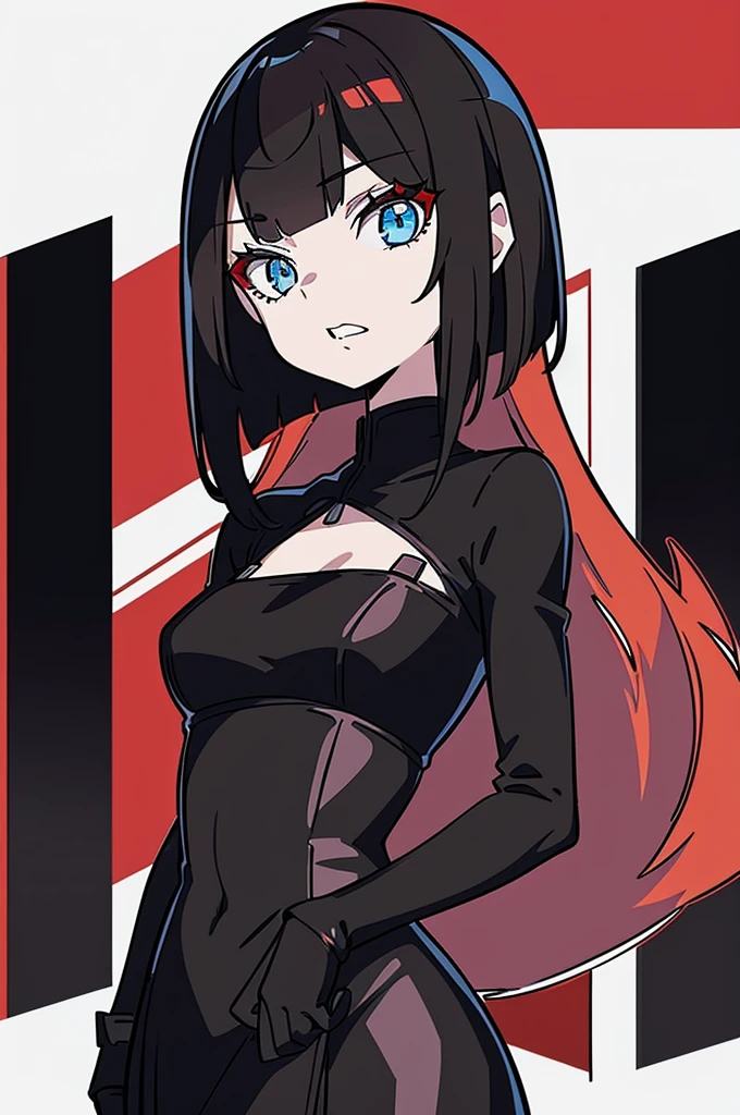 a beautiful girl with long red hair wearing a black dress, detailed facial features, bob haircut, full body illustration, woman wearing a long black and red coat, solo character, white background, anime style, highly detailed, photorealistic, 8k, best quality, masterpiece, blue eyes, short hair