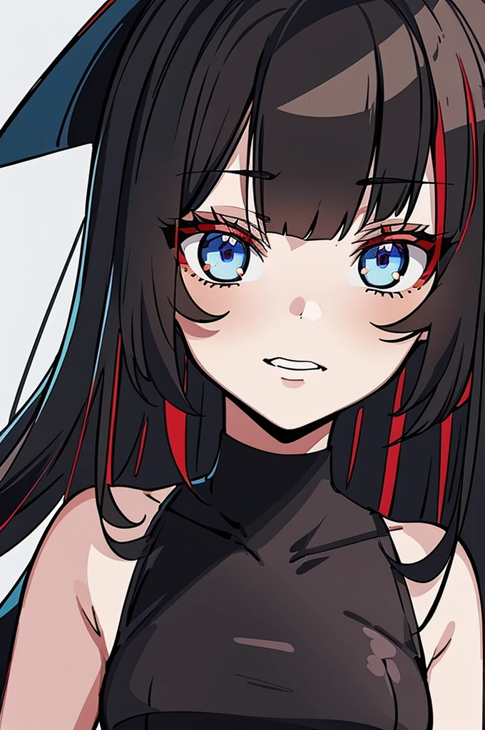 a beautiful girl with long red hair wearing a black dress, detailed facial features, bob haircut, full body illustration, woman wearing a long black and red coat, solo character, white background, anime style, highly detailed, photorealistic, 8k, best quality, masterpiece, blue eyes, short hair