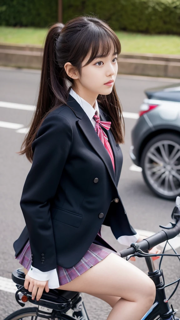 **Japanese high school girl riding bicycle, black socks, from side shot at eye level, in short skirt and blazer sitting on bike seat "jk- street-s SHAPE", captured in the style of Canon EOS,photo style of nogizaka46