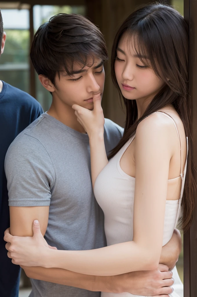 there is a woman kneeling down and a man kneeling down and giving her a blow, touching her clothes, hot girl, hot , japanese, on her knees, side shot, young skinny gravure idol, very perfect position, young and cute girl, bottom angle, young sensual gravure idol, in the yard, waist - shot, with her long