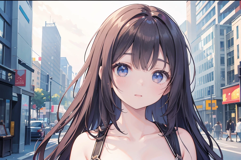 masterpiece, Highest quality, Perfect artwork, Image of a perfect woman, Dramatic Shadows, (Perfect hands), ((Cute Face)), Beautiful Face, beautiful girl, morning,Completely naked、Nipples、Outside the Company,saying good morning,Photo from afar、Large Breasts、Long black hair
