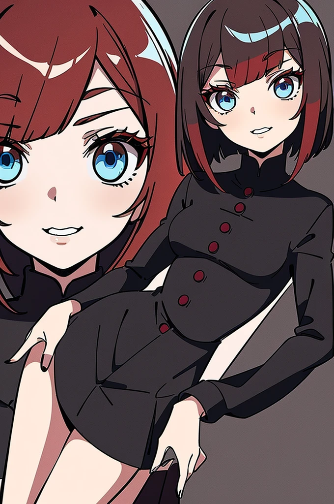 a beautiful girl with red hair wearing a black dress, detailed facial features, bob haircut, full body illustration, woman wearing a long black and red coat, solo character, white background, anime style, highly detailed, photorealistic, 8k, best quality, masterpiece, blue eyes, short hair