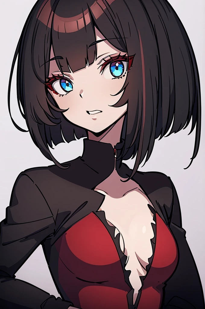 a beautiful girl with red hair wearing a black dress, detailed facial features, bob haircut, full body illustration, woman wearing a long black and red coat, solo character, white background, anime style, highly detailed, photorealistic, 8k, best quality, masterpiece, blue eyes, short hair