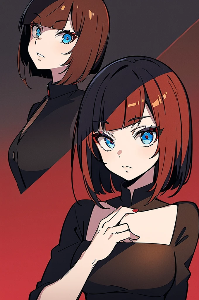 a beautiful girl with red hair wearing a black dress, detailed facial features, bob haircut, full body illustration, woman wearing a long black and red coat, solo character, white background, anime style, highly detailed, photorealistic, 8k, best quality, masterpiece, blue eyes, short hair