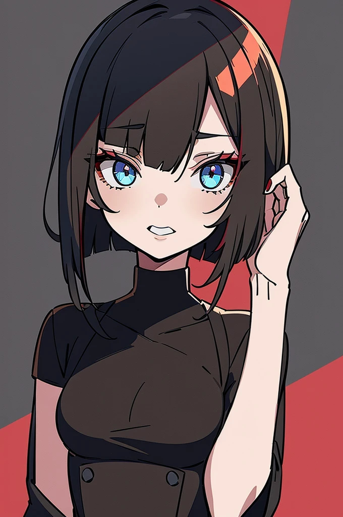 a beautiful girl with red hair wearing a black dress, detailed facial features, bob haircut, full body illustration, woman wearing a long black and red coat, solo character, white background, anime style, highly detailed, photorealistic, 8k, best quality, masterpiece, blue eyes, short hair