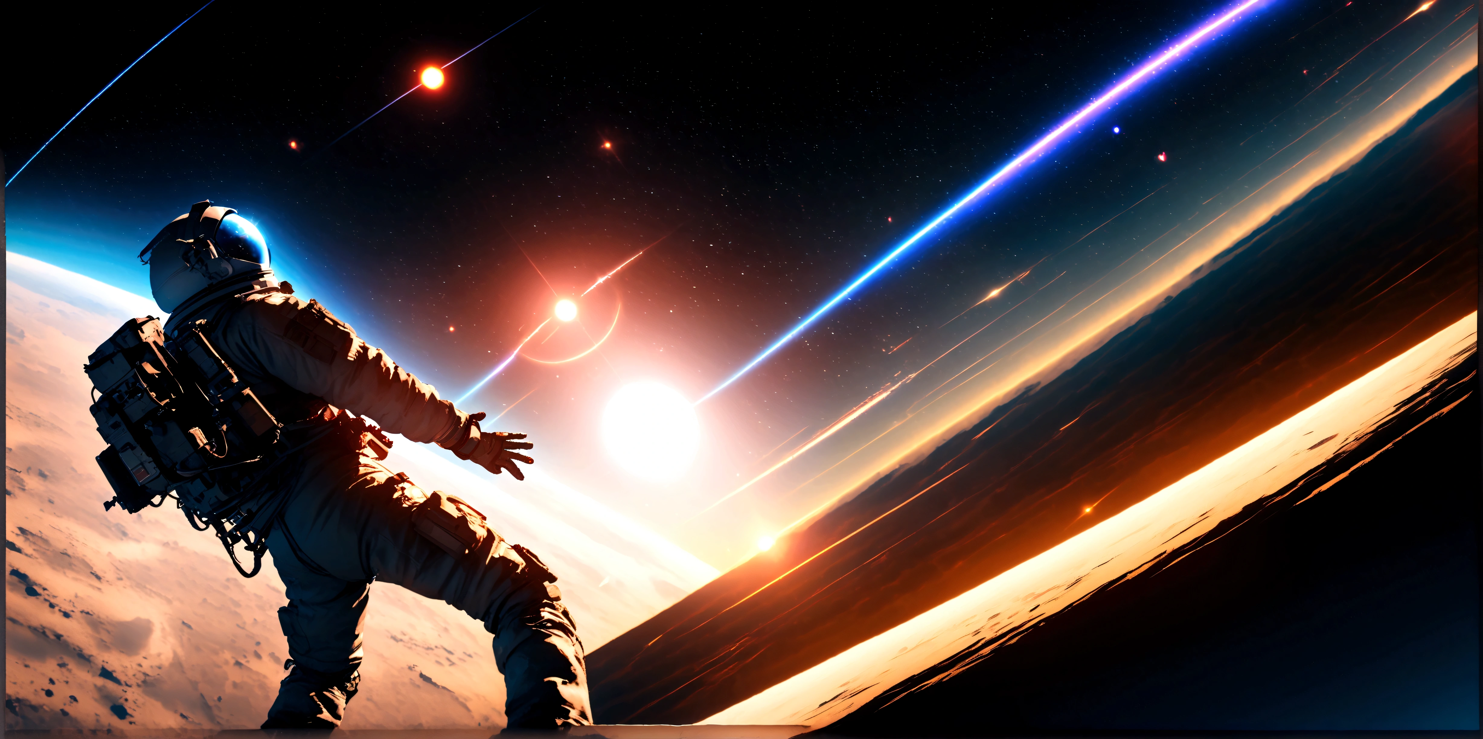 quality\(8k,wallpaper of extremely detailed CG unit, ​masterpiece,hight resolution,top-quality,top-quality real texture skin,hyper realisitic,increase the resolution,RAW photos,best qualtiy,highly detailed,the wallpaper,cinematic lighting,ray trace,golden ratio\), BREAK ,solo,1astronaut\(wearing black spacesuit, dazzling in the space,(long shot:1.4) aimlessly, armed, military look,cowboy shot\), background\(spaceship, beautiful galaxy, beautiful nebulae, shiny comets, big planet,solar flares, astrophysical plasma,black hole\),(dynamic angle:1.5), dynamic pose,dynamic lens work,