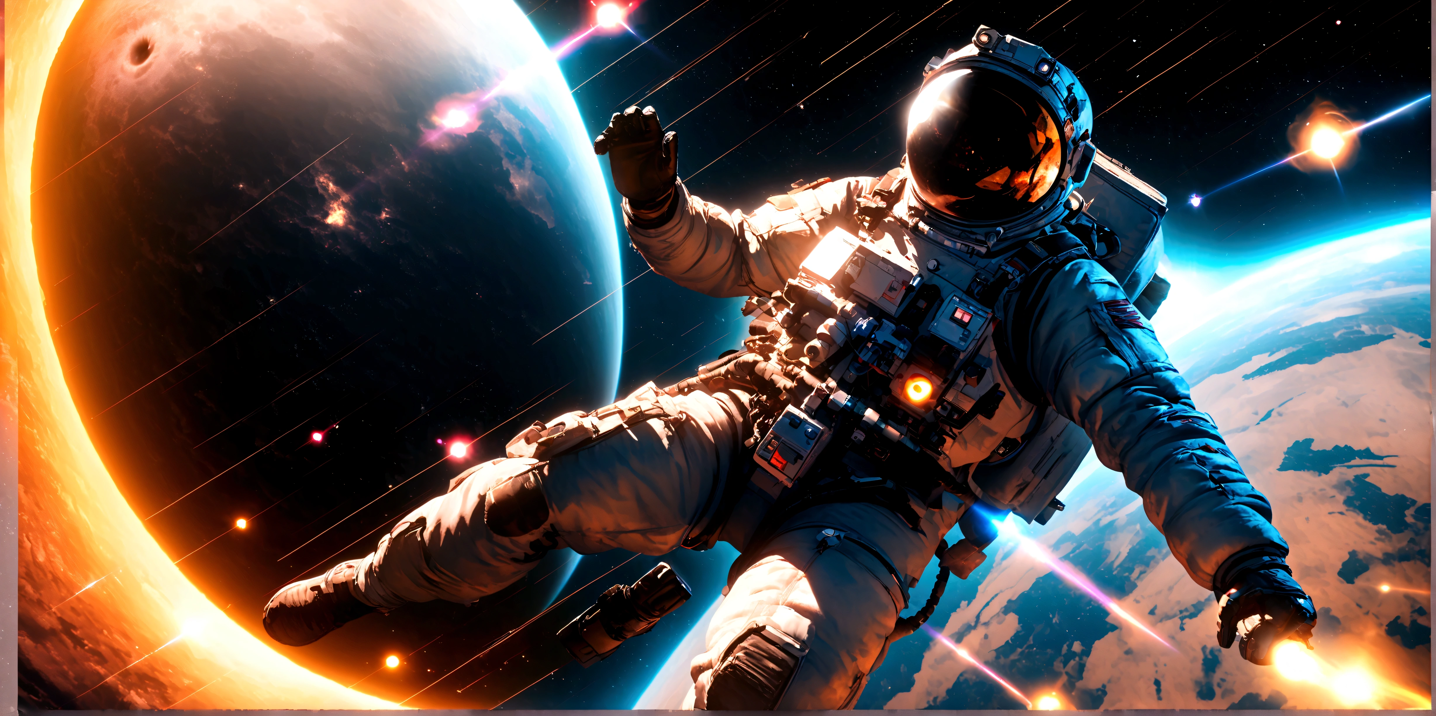 quality\(8k,wallpaper of extremely detailed CG unit, ​masterpiece,hight resolution,top-quality,top-quality real texture skin,hyper realisitic,increase the resolution,RAW photos,best qualtiy,highly detailed,the wallpaper,cinematic lighting,ray trace,golden ratio\), BREAK ,solo,1astronaut\(wearing black spacesuit, dazzling in the space,(long shot:1.4) aimlessly, armed, military look,cowboy shot\), background\(spaceship, beautiful galaxy, beautiful nebulae, shiny comets, big planet,solar flares, astrophysical plasma,black hole\),(dynamic angle:1.5), dynamic pose,dynamic lens work,