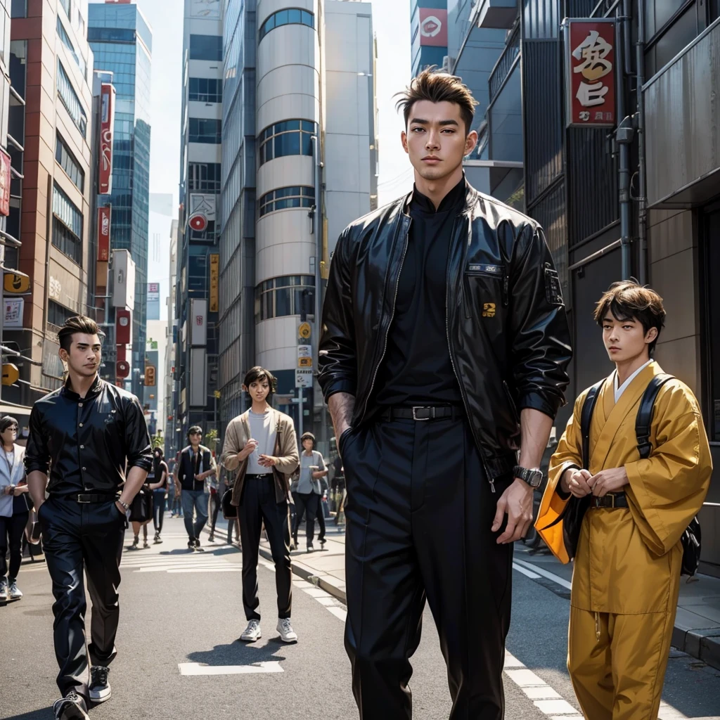 Close-up of a group of people standing in front of a building,cartoon,Boy，Japanese handsome man，Cowherd, Anime cover, cartoon风格”, feimo, The perfect Android men&#39;s 