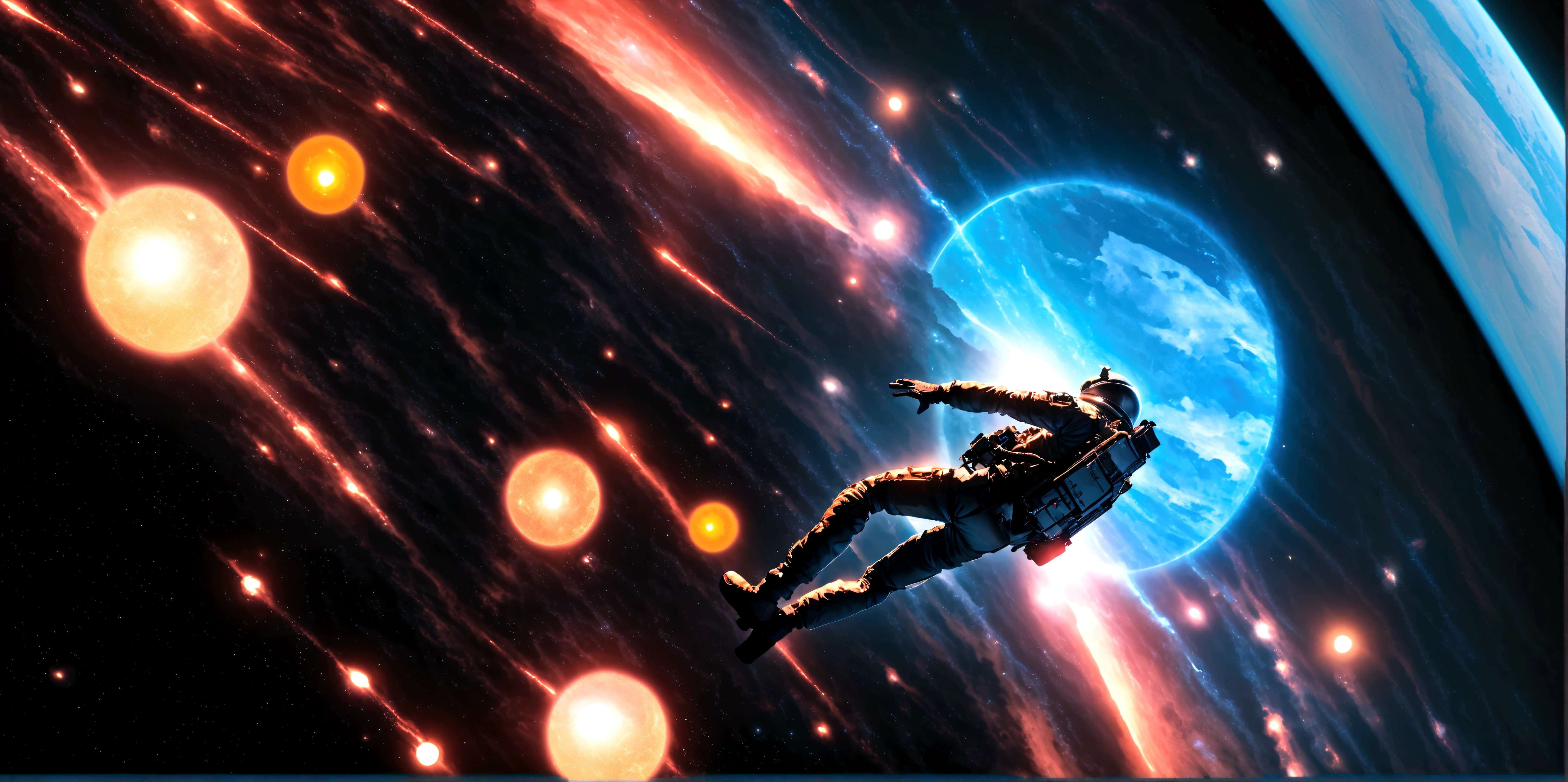 quality\(8k,wallpaper of extremely detailed CG unit, ​masterpiece,hight resolution,top-quality,top-quality real texture skin,hyper realisitic,increase the resolution,RAW photos,best qualtiy,highly detailed,the wallpaper,cinematic lighting,ray trace,golden ratio\), BREAK ,solo,1astronaut\(wearing black spacesuit, dazzling in the space,(long shot:1.4) aimlessly, armed, military look,cowboy shot\), background\(spaceship, beautiful galaxy, beautiful nebulae, shiny comets, big planet,solar flares, astrophysical plasma,black hole\),(dynamic angle:1.5), dynamic pose,dynamic lens work,