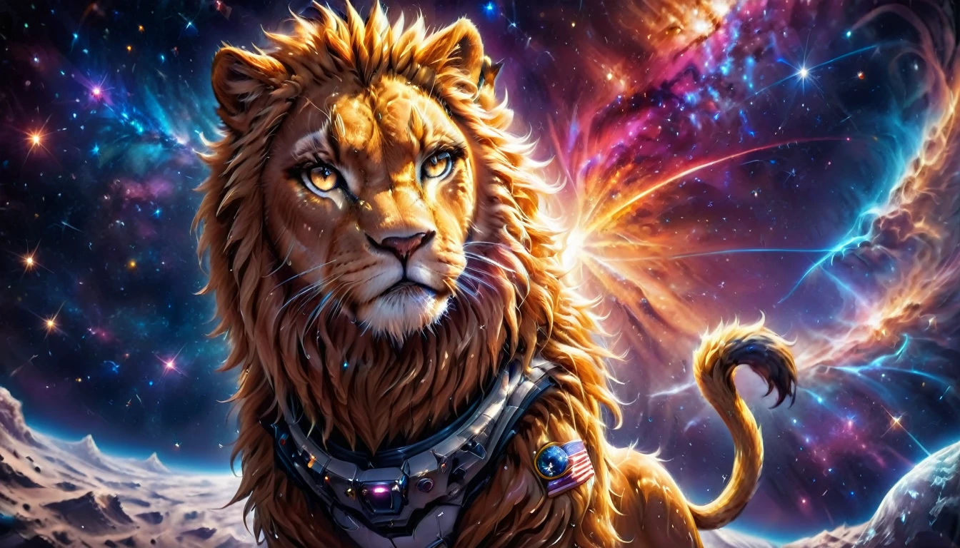 Arafed a picture of a anthomorph lion astronaut he stands on the moon (roaring: 1.3),sense awe, sense of might, king of space,  to space, an epic (anthomorph lion: 1.3), (wearing astronaut suit: 1.5), feline eyes, dynamic colors eyes, roaring as he stands on the moon roaring to space, many stars above him, vibrant, Ultra-high resolution, High Contrast, masterpiece:1.2, highest quality, Best aesthetics), best details, best quality, highres, ultra wide angle, 16k, [ultra detailed], masterpiece, best quality, (extremely detailed), Intense GazeCinematic Hollywood Film, mad-nbla