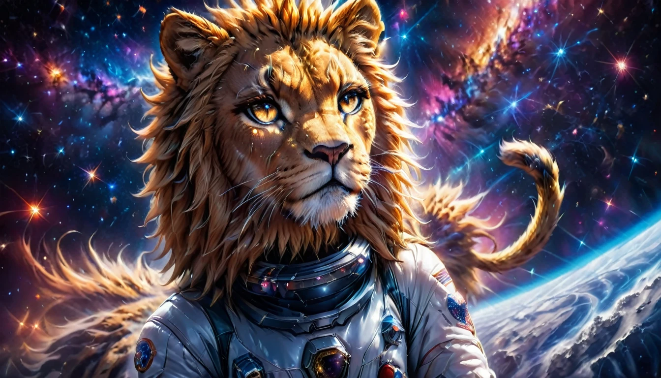 Arafed a picture of a anthomorph lion astronaut he stands on the moon (roaring: 1.3),sense awe, sense of might, king of space,  to space, an epic (anthomorph lion: 1.3), (wearing astronaut suit: 1.5), feline eyes, dynamic colors eyes, roaring as he stands on the moon roaring to space, many stars above him, vibrant, Ultra-high resolution, High Contrast, masterpiece:1.2, highest quality, Best aesthetics), best details, best quality, highres, ultra wide angle, 16k, [ultra detailed], masterpiece, best quality, (extremely detailed), Intense GazeCinematic Hollywood Film, mad-nbla