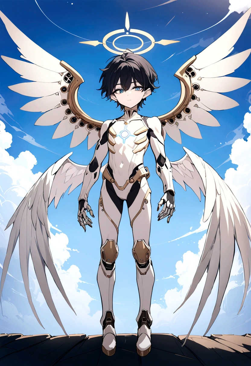 (masterpiece), best quality, 1boy, 1guy, steam punk design, light skin, pale skin color, caucasian skin color, (DARK HAIR, black hair, sky blue EYES), silver Future Technology Armor, (steam punk halo, Precision wings,  Wings of Precision Machinery, precision halo), (boy, lanky, 15 years old, middle size) , white detail mechanical halo, light skin, pale skin color, caucasian skin color, full body art