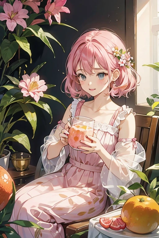 Pink Hair Girl，glass，Grapefruit，Flowers