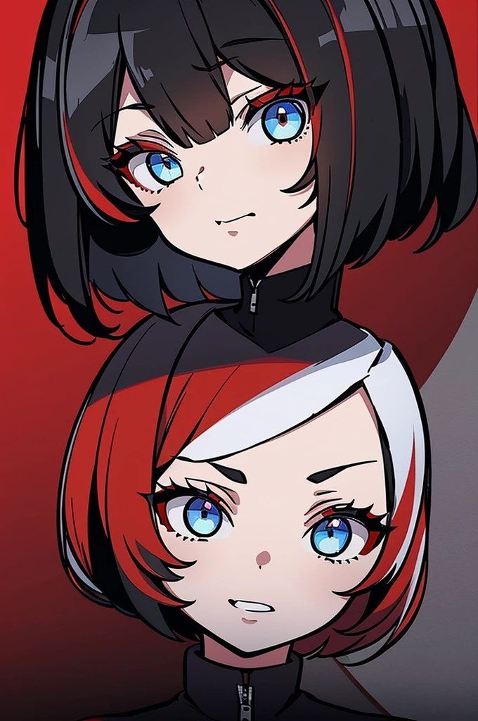 a beautiful girl with red hair wearing a black dress, detailed facial features, bob haircut, full body illustration, woman wearing a long black and red coat, solo character, white background, anime style, highly detailed, photorealistic, 8k, best quality, masterpiece, blue eyes, short hair