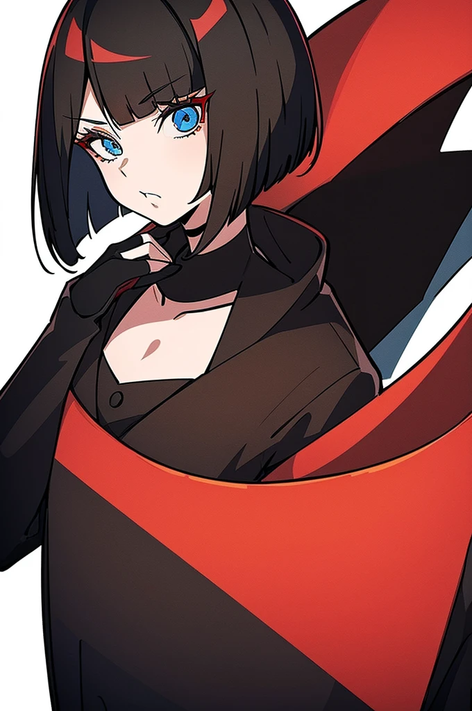 a beautiful girl with red hair wearing a black dress, detailed facial features, bob haircut, full body illustration, woman wearing a long black and red coat, solo character, white background, anime style, highly detailed, photorealistic, 8k, best quality, masterpiece, blue eyes, short hair