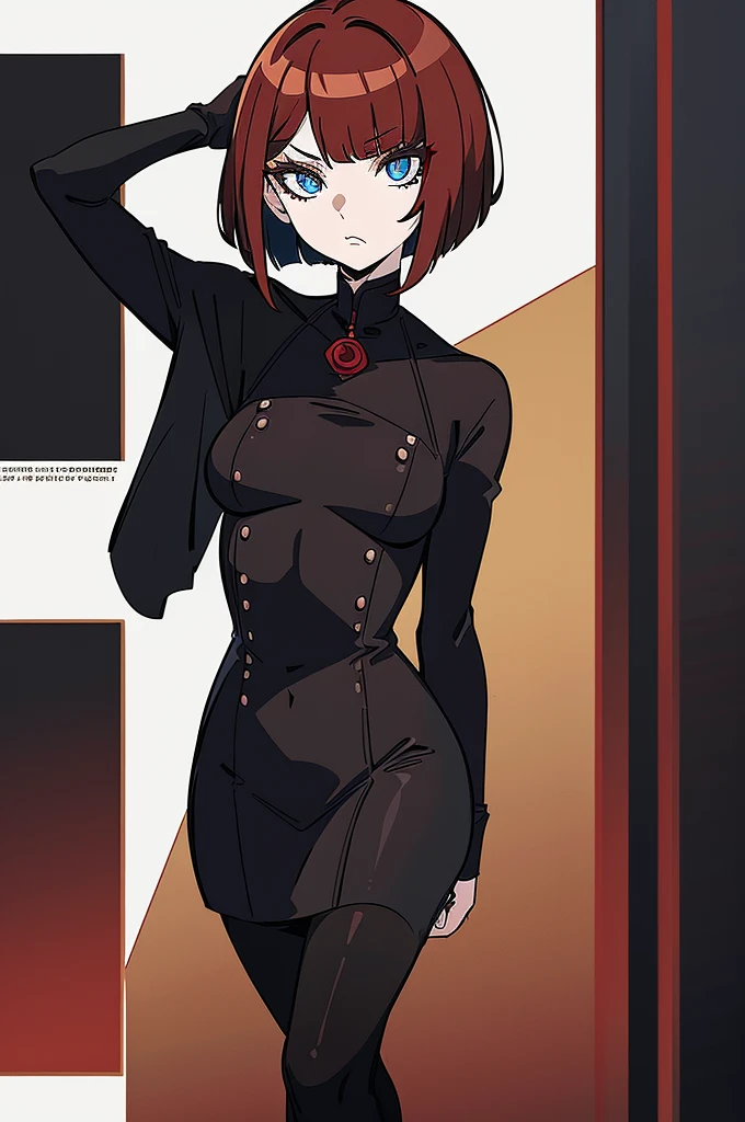 a beautiful girl with red hair wearing a black dress, detailed facial features, bob haircut, full body illustration, woman wearing a long black and red coat, solo character, white background, anime style, highly detailed, photorealistic, 8k, best quality, masterpiece, blue eyes, short hair