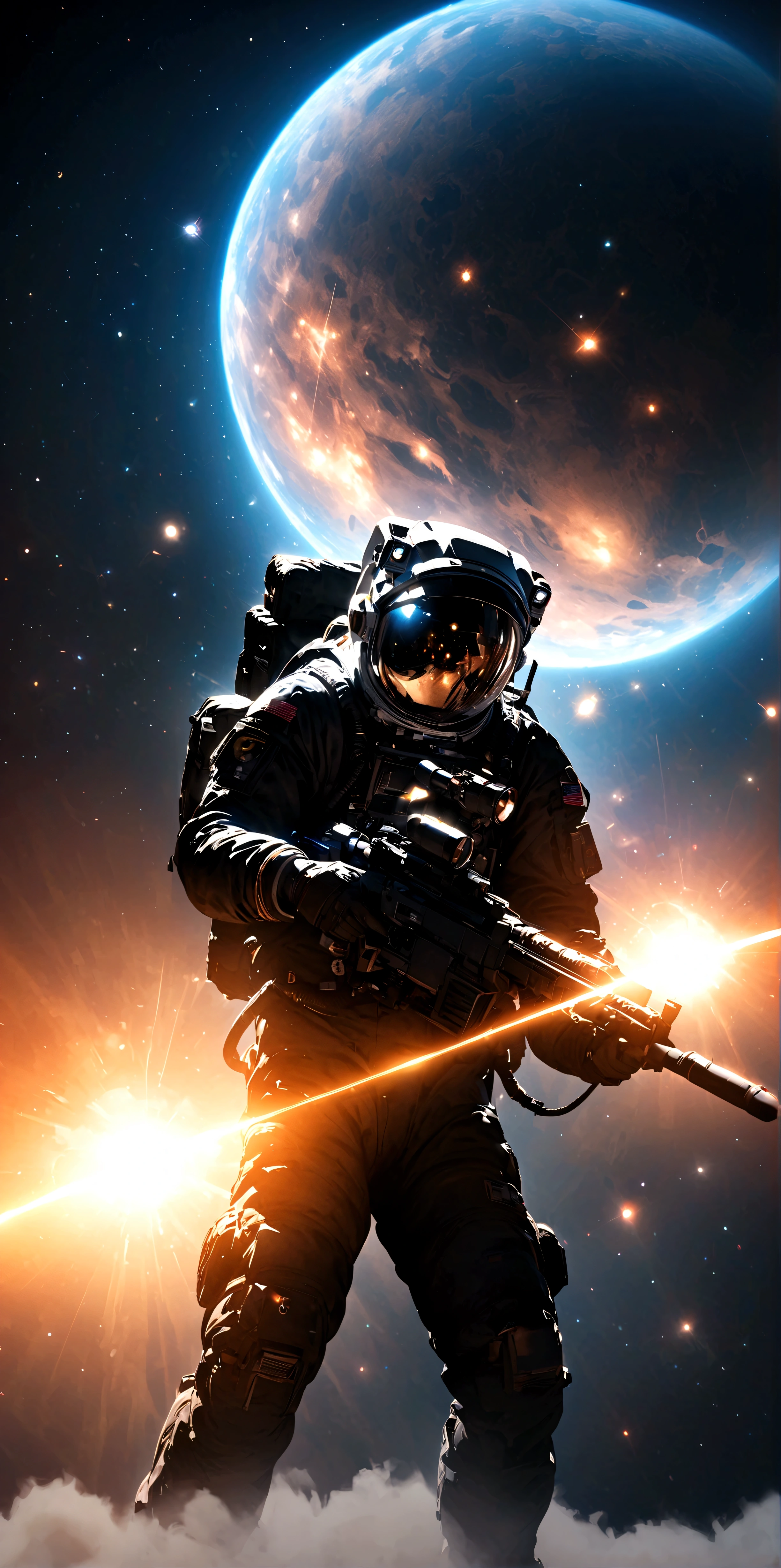 quality\(8k,wallpaper of extremely detailed CG unit, ​masterpiece,hight resolution,top-quality,top-quality real texture skin,hyper realisitic,increase the resolution,RAW photos,best qualtiy,highly detailed,the wallpaper,cinematic lighting,ray trace,golden ratio\), BREAK ,solo,1astronaut\(wearing black spacesuit, dazzling in the space,(long shot:1.4) aimlessly, armed, military look,cowboy shot,thruster)\), background\(spaceship, beautiful galaxy, beautiful nebulae, shiny comets, big planet,solar flares, astrophysical plasma,big bang\),(dynamic angle:1.5), dynamic pose,dynamic lens work,