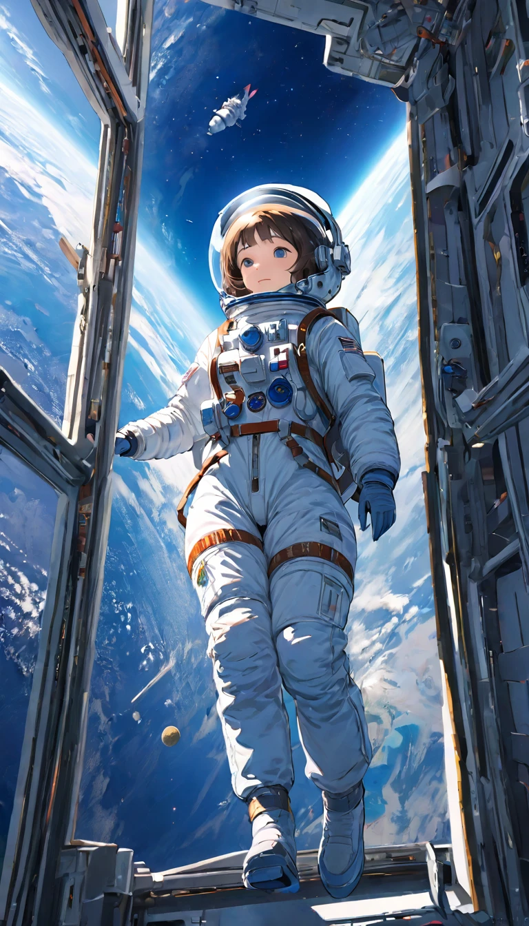 Highest quality、masterpiece、High resolution、RAW Photos、BREAK、Perfect Anatomy、One Girl、Reflective helmet、Wearing a helmet、Skin-tight astronaut suits、２０talent、Zero Gravity Swimming、Space Station、Experimental building、Complex Instrumentation、Detailed depiction、近未来のSpace Station、BREAK、Earth seen from the window、Beautiful Earth、Blue Earth、