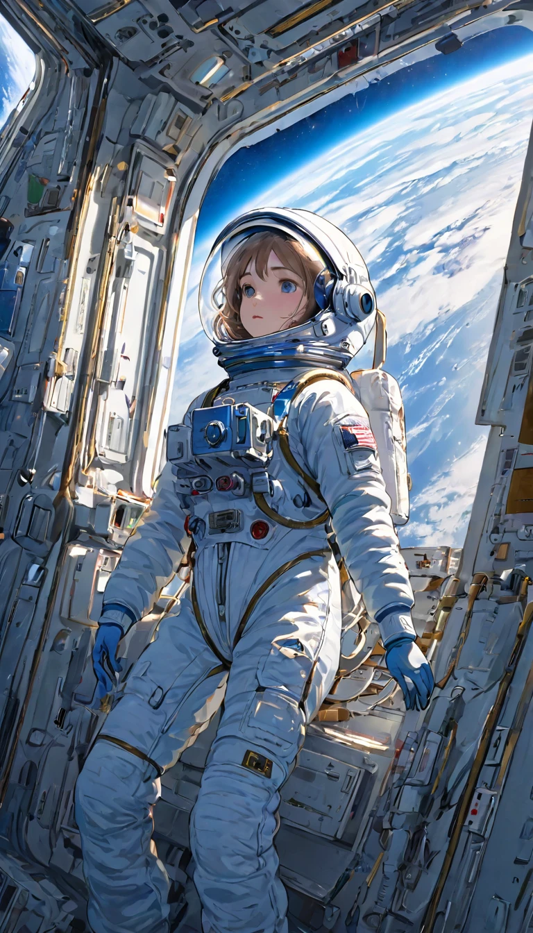 Highest quality、masterpiece、High resolution、RAW Photos、BREAK、Perfect Anatomy、One Girl、Reflective helmet、Wearing a helmet、Skin-tight astronaut suits、２０talent、Zero Gravity Swimming、Space Station、Experimental building、Complex Instrumentation、Detailed depiction、近未来のSpace Station、BREAK、Earth seen from the window、Beautiful Earth、Blue Earth、