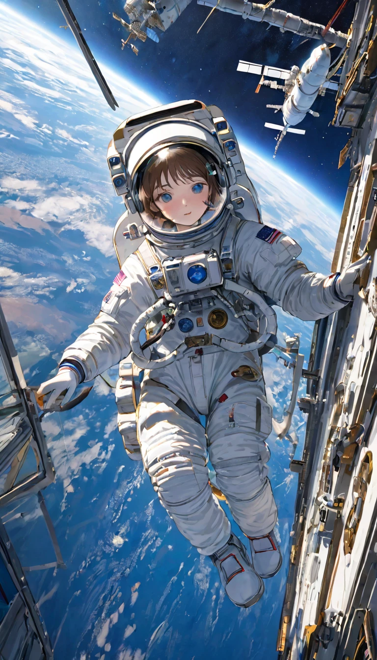 Highest quality、masterpiece、High resolution、RAW Photos、BREAK、Perfect Anatomy、One Girl、Reflective helmet、Wearing a helmet、Skin-tight astronaut suits、２０talent、Zero Gravity Swimming、Space Station、Experimental building、Complex Instrumentation、Detailed depiction、近未来のSpace Station、BREAK、Earth seen from the window、Beautiful Earth、Blue Earth、