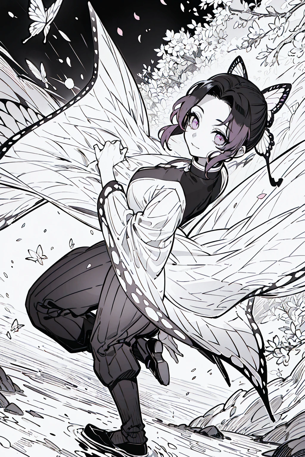 A highly detailed and high-resolution masterpiece by Shinobu Kocho, The beautiful and terrifying dynamic action of the Demon Slayer Corps. Her voyeur had some butterflies., Highlights the exquisite detail of her butterfly-themed outfit and the fierce expression on her face. Set the scene at dusk, A calm lake with cherry blossom petals in the background. Utilizing rich colors and three-dimensional light、Expressing mysterious beauty and strength、Perfect hands