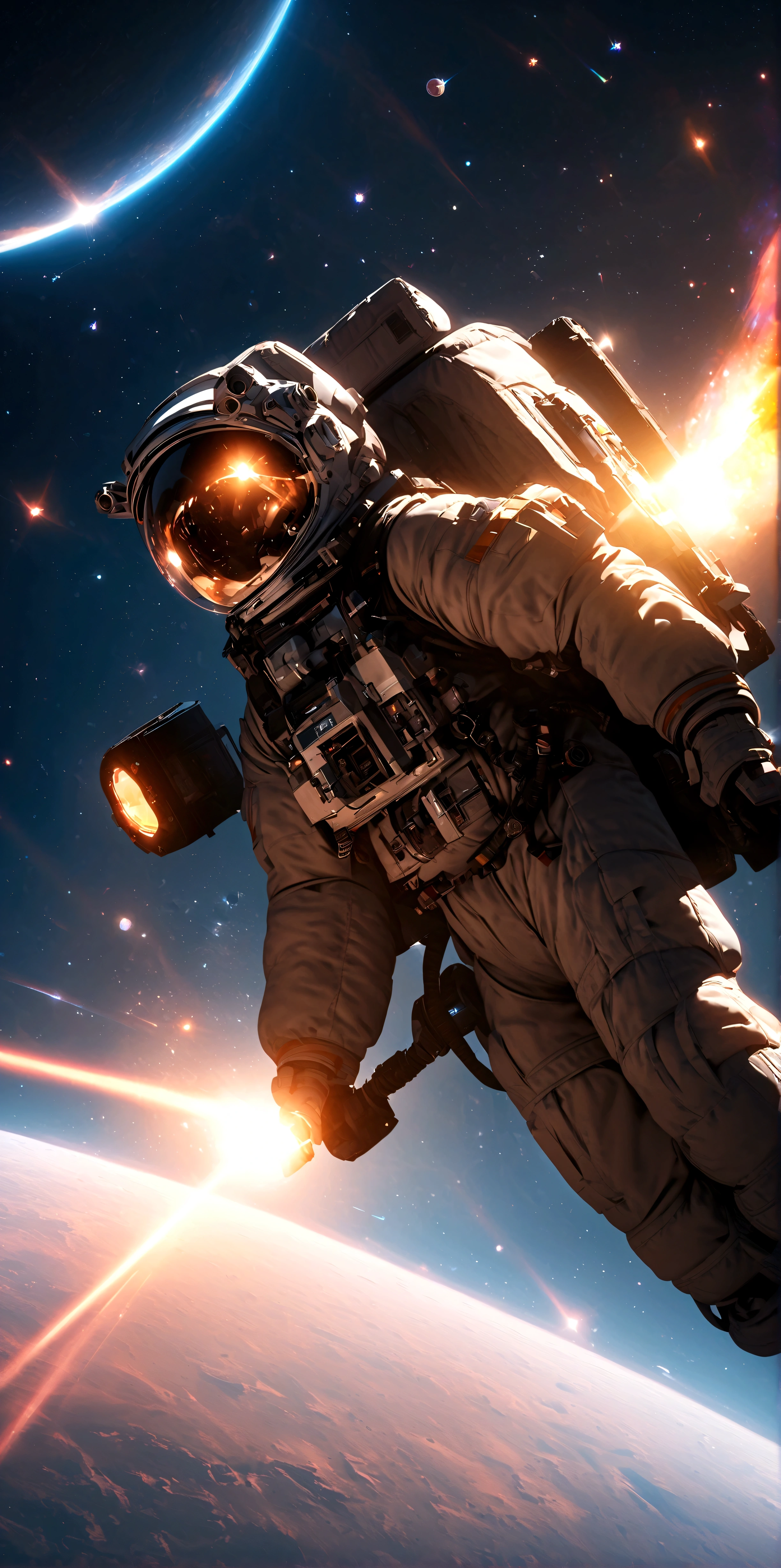 quality\(8k,wallpaper of extremely detailed CG unit, ​masterpiece,hight resolution,top-quality,top-quality real texture skin,hyper realisitic,increase the resolution,RAW photos,best qualtiy,highly detailed,the wallpaper,cinematic lighting,ray trace,golden ratio\), BREAK ,solo,1astronaut\(wearing black spacesuit, dazzling in the space,(long shot:1.4) aimlessly, armed, military look,cowboy shot,thruster)\), background\((space colony), beautiful galaxy, beautiful nebulae, shiny comets, big planet,solar flares, astrophysical plasma,big bang\),(dynamic angle:1.5), dynamic pose,dynamic lens work,