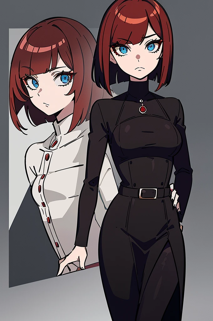 a beautiful girl with red hair wearing a black dress, detailed facial features, bob haircut, full body illustration, woman wearing a long black and red coat, solo character, white background, anime style, highly detailed, photorealistic, 8k, best quality, masterpiece, blue eyes, short hair