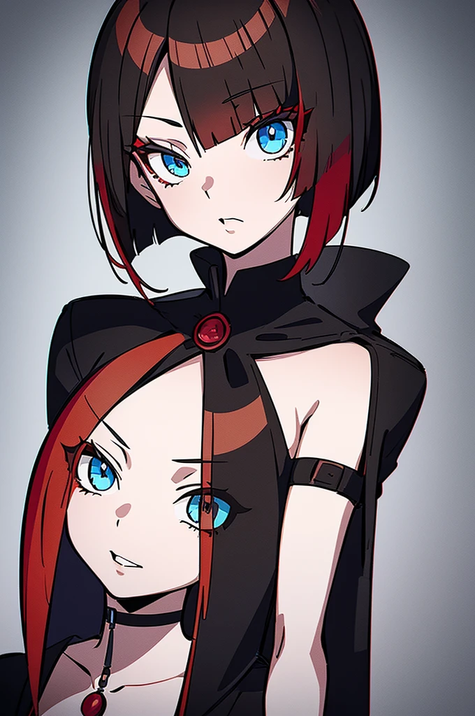 a beautiful girl with red hair wearing a black dress, detailed facial features, bob haircut, full body illustration, woman wearing a long black and red coat, solo character, white background, anime style, highly detailed, photorealistic, 8k, best quality, masterpiece, blue eyes, short hair