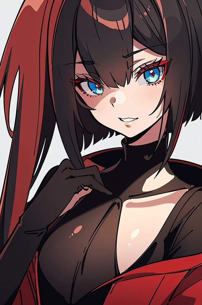 a beautiful girl with red hair wearing a black dress, detailed facial features, bob haircut, full body illustration, woman wearing a long black and red coat, solo character, white background, anime style, highly detailed, photorealistic, 8k, best quality, masterpiece, blue eyes, short hair